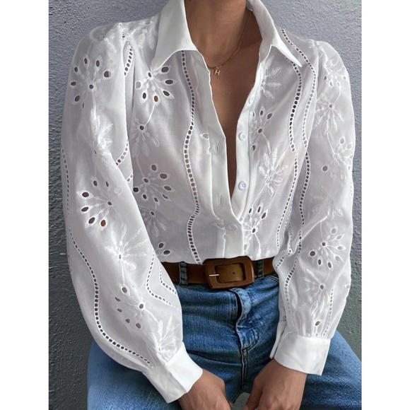 White Boho Eyelet Shirt, French Style Collar Button Front, Eyelet Embroidery - Picture 10 of 14
